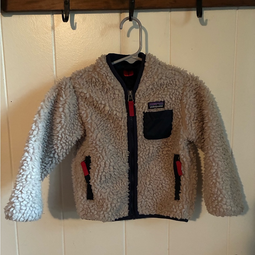 Patagonia Kids Cream Sherpa Fleece Jacket with Navy Trim